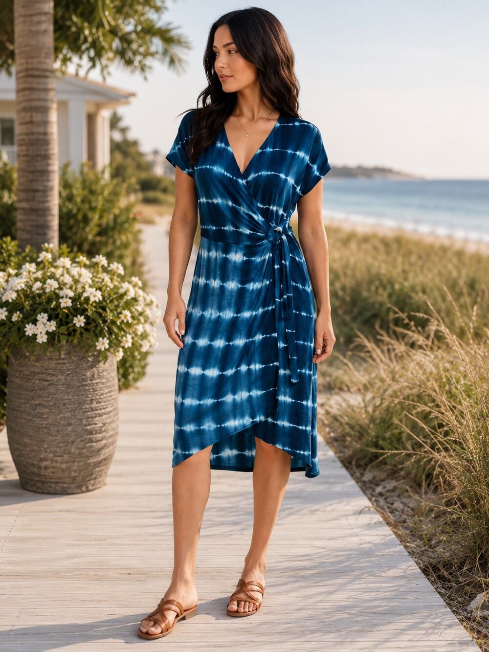 Remixmess Blue Tie Dye Faux Wrap Midi Dress Size L Rayon Stretch Beach Resort